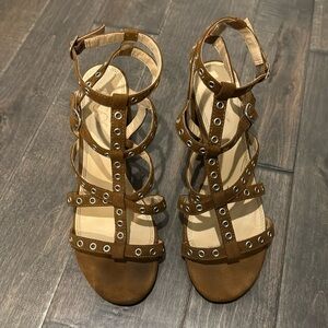 Sugar Rock N Roll 3 1/4 inch heels size 8.5 M brown, wrap at the ankle and foot